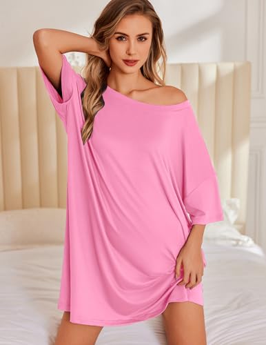 Image of Ekouaer Plus Size Nightgowns for Women Oversized Sleep Shirt Short Sleeve Nightshirt T-Shirt Dress Sleepwear S-5XL