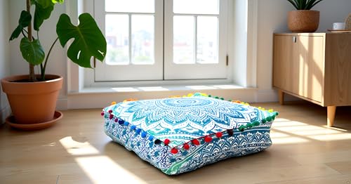 CRAFT KALA Green Ombre Large Hippie Mandala Meditation Floor Ottoman Pillow Cushion Pouf Cover Square Poufs Bohemian Circle Floor Cushion Case Outdoor Fireplace Yoga Living Room Decor Cover 16\" Square
