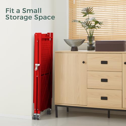 Image of DEANIC 3 Tier Foldable Storage Shelves with Wheels, Kitchen Appliance Stand, Freestanding Metal Wire Shelf Rack, No Assembly Organizer Rolling Cart for Garage, Basement, Pantry(Red Pack of 2)