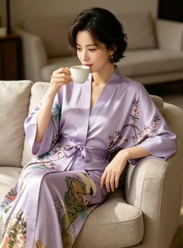 Image of Women's Classic 100% Silk Kimono Robe, Bathrobe-Printed Pattern
