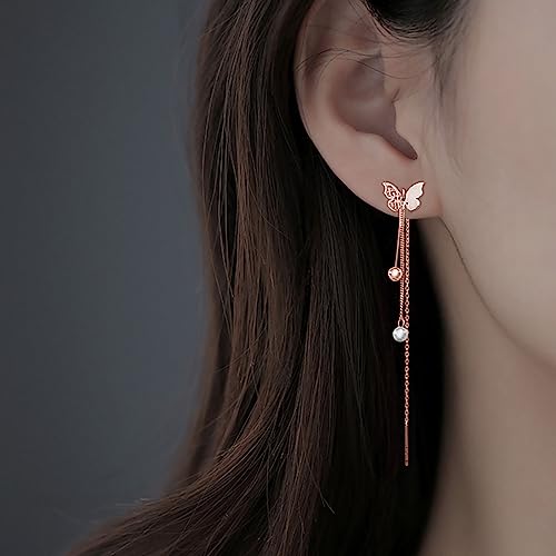 SLUYNZ Sterling Silver Butterfly Threader Earrings Dangle Chain for Women Teens Pearl Long Dangle Earrings Tassel2