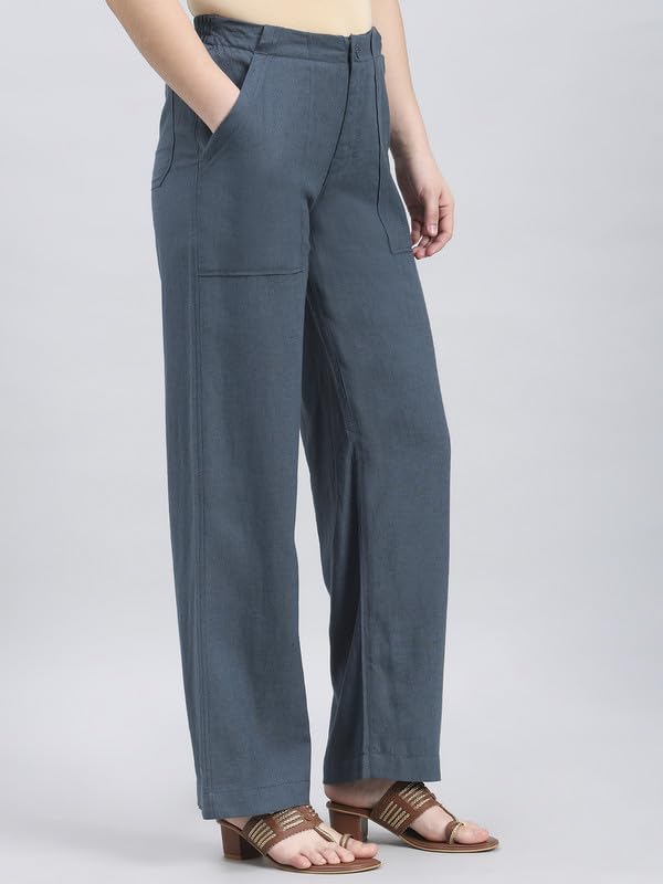 Image of GO COLORS Solid Linen Cargo Pants for Women | Full Length, Mid Rise, Side Pockets