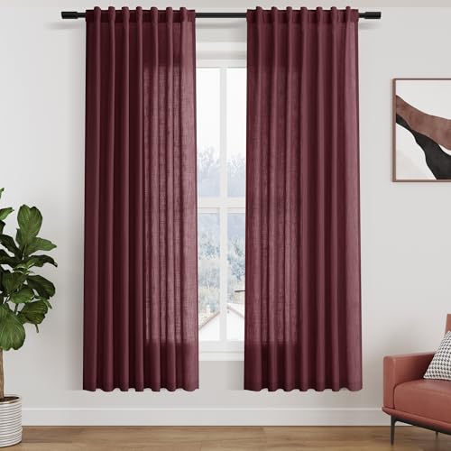 Image of Nanspring Burgundy Linen Curtains 72 Inch Length for Living Room Semi Sheer Light Filtering Door Drapes 2 Panels Set for Kids Bedroom Light Filtering Back Tab Rod Pocket Modern Farmhouse Decor 52x72