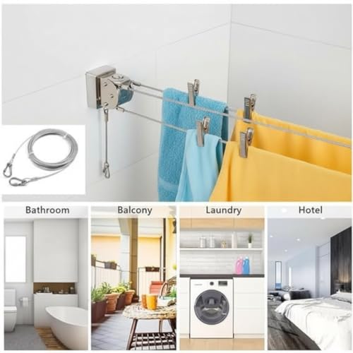 Image of KASHIVAL Heavy Duty Cloth Drying Rope Wire with Carabiner Hooks | PVC Coated Stainless Steel Cloth line for Laundry, Travel, Camping & Pet Utility Use | Rust Resistant Wire, Silver (5 Meter)