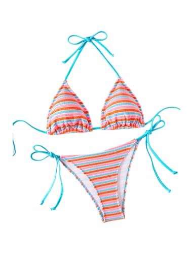 ZAFUL Women's Colorful Stripes Halter Flocking Textured Triangle Tie Side String Bikini Set High Cut Two Piece Bathing Suit