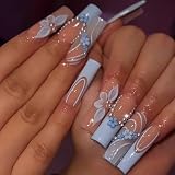 MERVF Long Square Press on Nails Blue French Tip Fake Nails with 3D Flower Design Glue ons Squoval Pearls Acrylic Nails Summer Glossy 24pcs Handmade Manicure