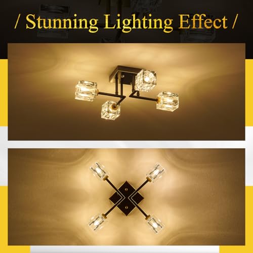 Image of Black Gold Sputnik Chandeliers Industrial 18 inch Crystal Semi Flush Mount Ceiling Light Fixture 4-Light Modern Chandelier for Hallway Entryway Kitchen Bedroom Dining Room
