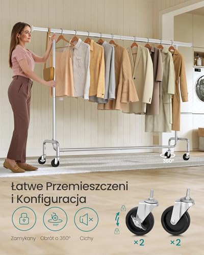 SONGMICS Wieszak na ubrania na kółkach, Wieszak na ubrania, Wytrzymały, Rozsuwany drążek na ubrania, Nośność do 110 kg, 45 x (160-200) x 162,9 cm, Metalowy, Chromowany, Srebrny HSR176E01