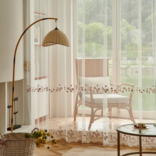KEKUYA Cortinas Salon 2 Piezas 132x213cm Cortina para Ventana Dormitorio Translúcidas Visillos Paneles con Ojales de Salon Habitacion Modernas,Flores Bordadas