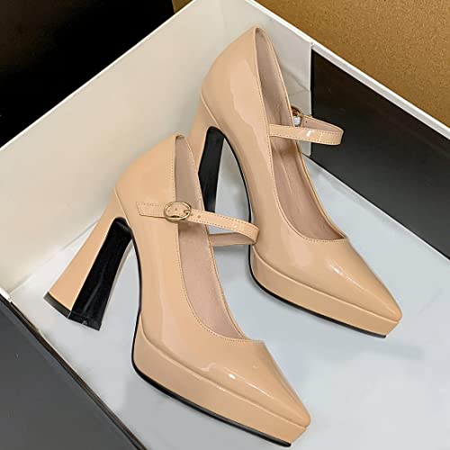 VOKLIN Women's Fashion Pointed Toe Ankle Strap Dress Pumps Chunky Block High Heel Patry Mary Jane Pump Shoes2
