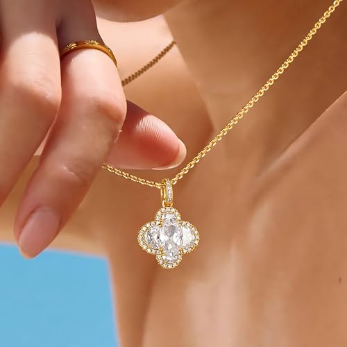 Fettero Diamond Necklaces for Women, Trendy 14K Gold Plated Dainty Pendant Necklace Simple Star Teardrop Clover CZ Choker Jewelry Gold Necklace for Women