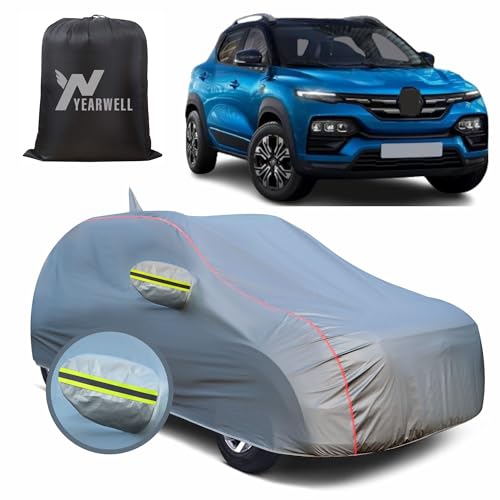 Image of Car Body Cover for Renault Kwid, 100% Waterproof, Heat-Resistant with Mirror & Antenna Pockets, Soft Cotton Lining, Triple Stitched, Green Reflector (Metallic Grey)