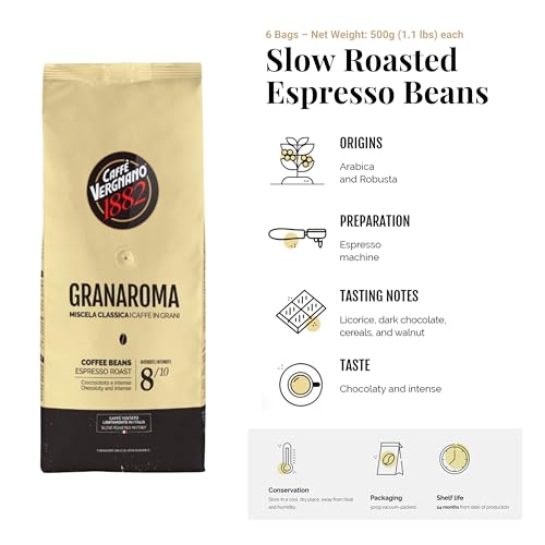 Caffe Vergnano 1882 Gran Aroma Whole Bean Arabica Medium Espresso Roast Coffee, 1.1lbs Bag - Italian Coffee Beans with Rich notes of Cocoa, Spices & Dried Fruit, Intensity 8/10-500g Bag (6 Pack)