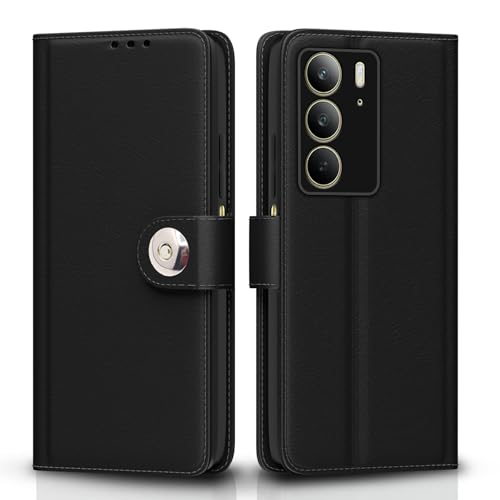 Image of Pikkme Flip Cover Leather Finish | Inside TPU with Card Pockets | Wallet Stand and Shock Proof | Complete Protection Button Flip Case for Realme C75(Black)