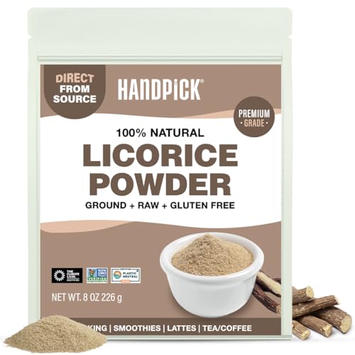 HANDPICK Licorice Root Powder (226g/8oz) Non GMO Gluten Free 100% Raw Ground Mulethi Sourced from India Glycyrrhiza Glabra Packed in Resealable Ziplock Pouch
