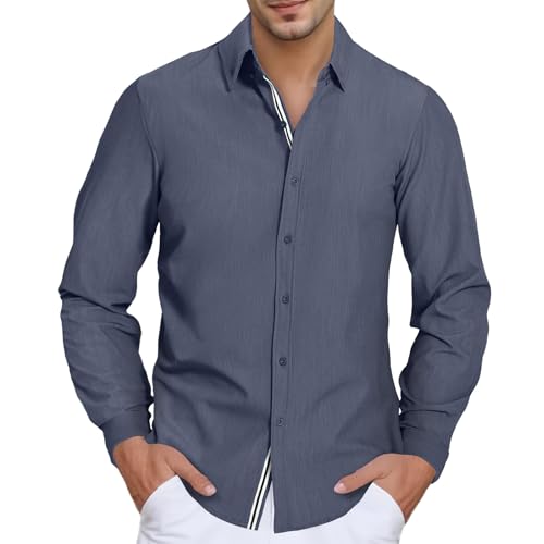 Men's Stretch Denim Dress Shirt Long Sleeve Casual Button Down Everyday Shirts Fall Winter Wedding Shirts