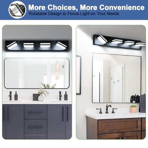 Image of Torondo 360 Rotate LED Bathroom Vanity Light Fixtures, Acrylic Vanity Lights for Bathroom, Modern Wall Lighting Fixtures Over Mirror Living, Matte Black, Natural White, 4-Light, 27-Inch