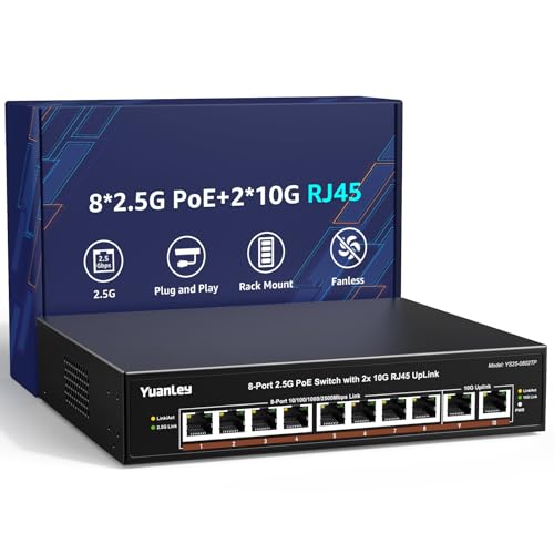 Image of YuanLey 8 Port 2.5G PoE Switch Unmanaged, 8 x 2.5G Base-T PoE Ports, 2X 10G RJ45 UpLink,120W PoE Budget, Metal Fanless, 10 Port 2.5Gbe /10G PoE Ethernet Switch for NAS, Gaming PC, AP