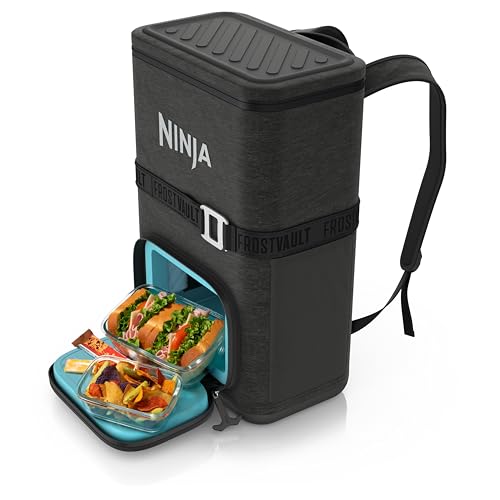 ninja  backpack cooler  frostvault go can soft cooler  leakproof zipper with built in can opener 2 ice packs amp dry storage drawer  for hiking camping amp more  2436 can