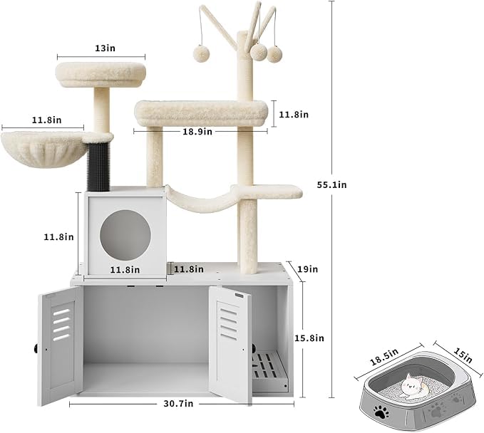 Arbre à Chat avec Meuble Litiere Chat, 140cm Armoire Litiere pour Chat, Niche,Tour de Jeu, Griffoir avec Maison de Toilette, 2 Grandes Plateformes, Balles Suspendues, Blanc