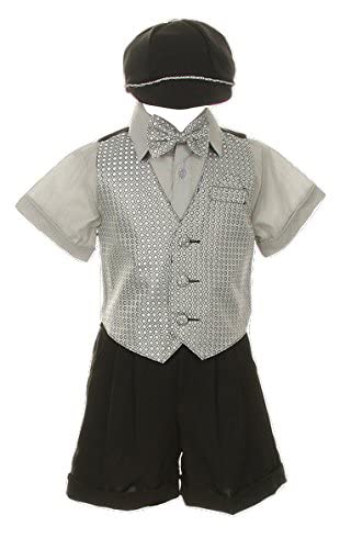 SKDress Suit Tuxedo Outfit Set-Shorts,Bowtie,Vest, Short Sleeve Shirt & Hat Infant Baby Boys, Gray-Silver, 6 Months