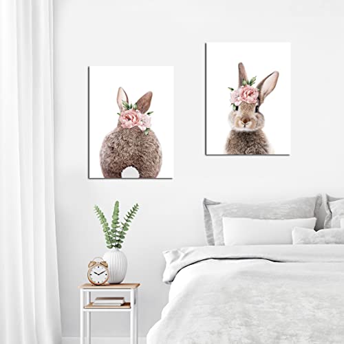 Girls Nursery Wall Art Bunny Rabbit With Pink Flower Crown Canvas Print Wall Decor Woodland Animal Posters Kids Room Set Of 2 Bedroom Decoration Bunny Rabbit Pictures Framed Wall Art #TOP7