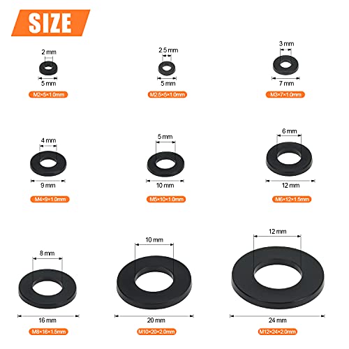 Helifouner 800 Pieces 9 Sizes Black Nylon Flat Washers Assortment Kit - M2 M2.5 M3 M4 M5 M6 M8 M10 M12 (Not Rubber Washer) #TOP2