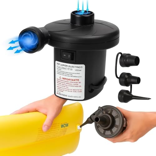 Bomba de Ar Premium Elétrica Portátil Bivolt 110V/220V 50W 3 Bicos Inflador e Desinflador Rápido 12V Veicular Para Colchão Piscina Bóia Acampamento Praia Compacta Potente Leve Cabo 1,5m Alta Pressão