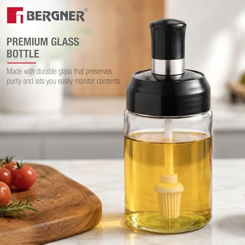 Image of BERGNER Glass Oil Bottle (260ml) with Silicone Brush, Mini Oil Container Bottle for Kitchen, Durable, Food Grade, Easy to Fill, Glass Oil Bottle with Brush for Cooking, Baking, BBQ, Marinating