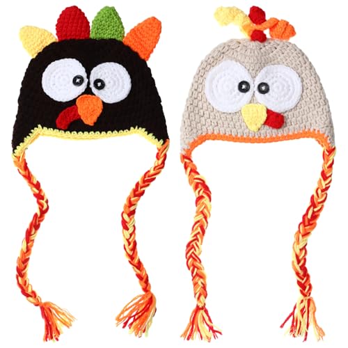 Geyoga 2 Pcs Baby Turkey Hat Newborn Thanksgiving Outfits Knitted Beanie Cap Infant Crochet Hat for Baby Girl Boy Halloween Photo Prop