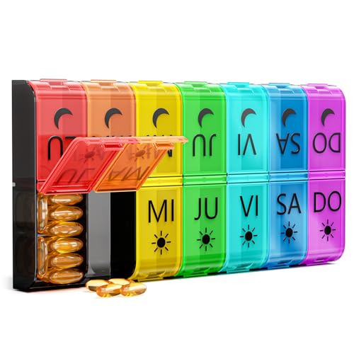 Colorwing Pastillero Semanal 2 Tomas Español, Pastillero Grande Con 14 Compartimentos Xl, Pastillero Diario Para 7 Días, Organizador De Pastillas Y Medicamentos, Perfecto Para Uso En Casa Y Viajes