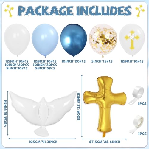 Image of 132Pcs God Bless Baptism Blue Balloon Garland Arch Kit First Holy Communion Decoration Christian Religious Party Decor Cross Dove Balloon Girl Mi Bautizo Christening Birthday Baby Shower Party Supplie