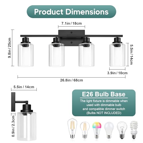 Image of Ascher Bathroom Light Fixtures, 4-Light Vanity Light Over Mirror, Matte Black Wall Sconces with Clear Glass Shades, Wall Lamp for Living Room Bedroom, E26 Base(Bulbs Not Included)