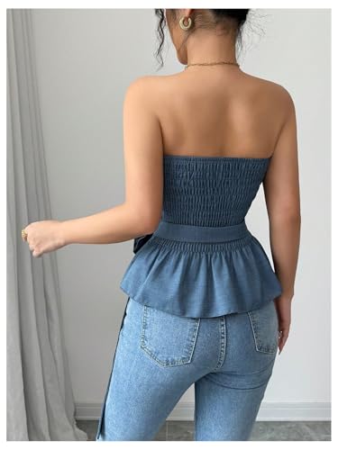SOLY HUX Women's Y2k Strapless Tube Top Sleeveless Smocked Peplum Ruffle 3D Flower Belted Bandeau Tops3