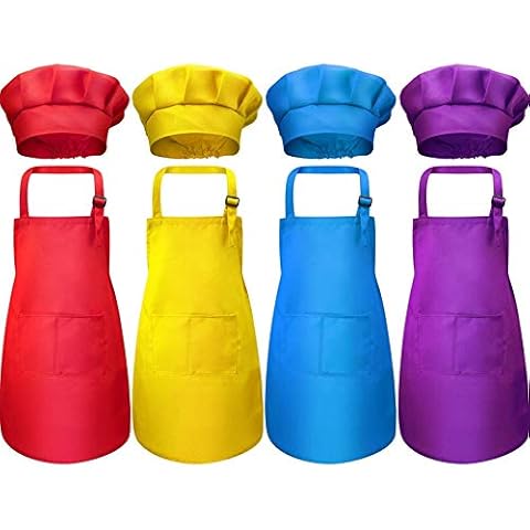 Cuasting 8-Piece Children's Apron and Chef Hat Set, Adjustable, with 2-Pocket Kitchen Apron Apron Cover