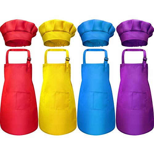 AWAOVV Juego de 8 delantales infantiles y gorro de chef, ajustable, con delantal de cocina de 2 bolsillos