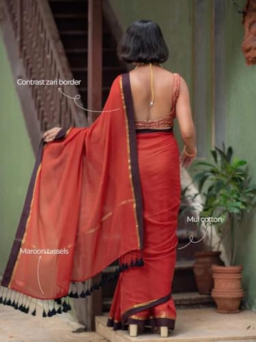 Image of Sudip callection Handloom Mul Cotton Saree for Women - Bottle Green with Pink Border Golden Zari Line & Tassel Pallu