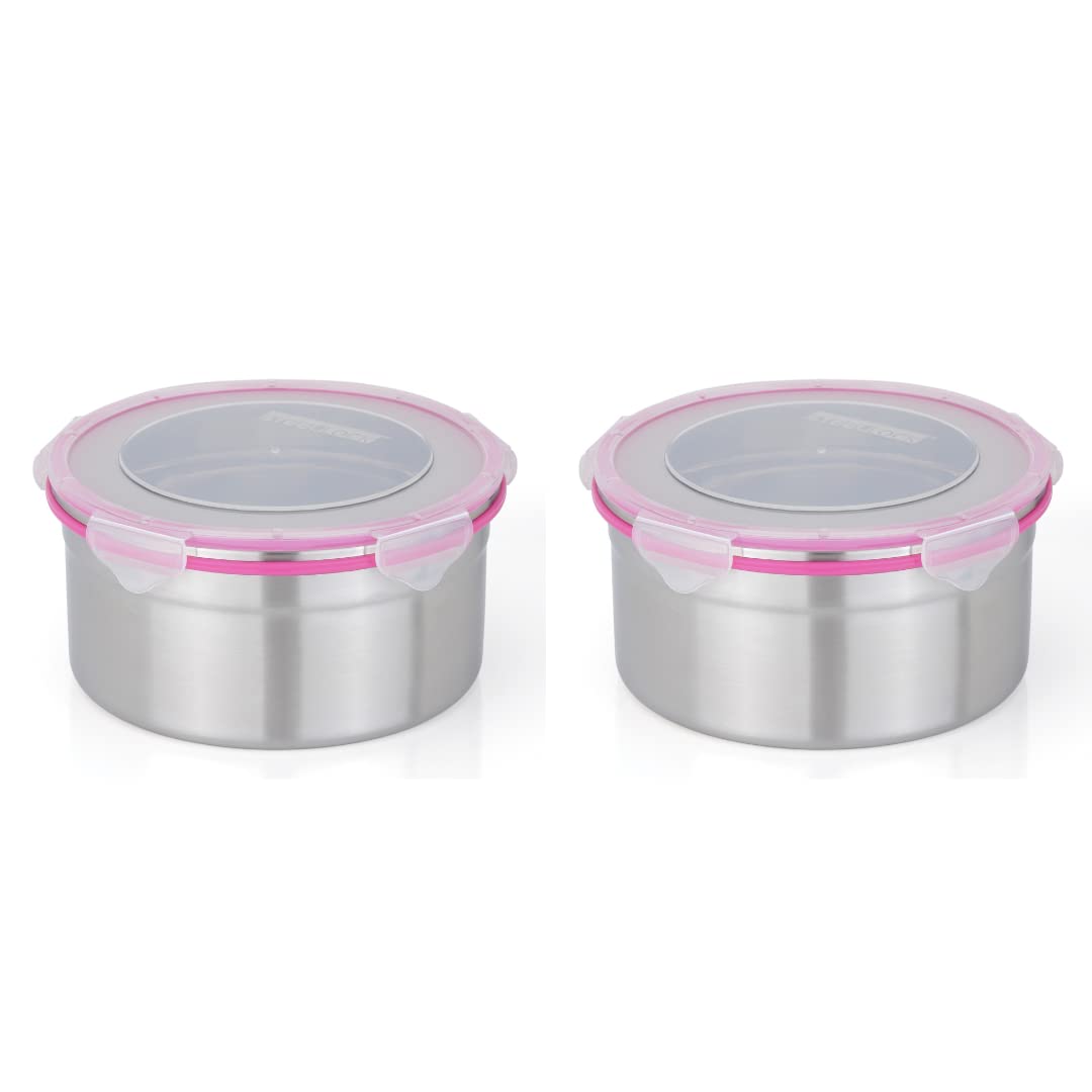 STEELLOCK Stainless Steel Container/Dabba with 4 Side Clip Lock see through Lid for Office & School Use/Food Grade/Air Tight/Easy to Carry/Leak Proof (SL-1502-2pcs X 1950 ml, Pink)