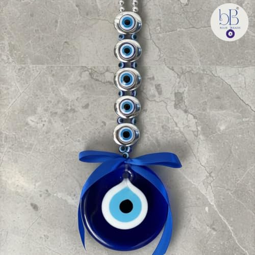 Image of Blue Beads Evil Eye Wall Hanging Amulet - Turkish Blue Nazar Protection Charm with Beads & Bow - Home Decor Talisman for Good Luck & Protection - Handmade Glass Ornament for Door, Office, Car or Gift