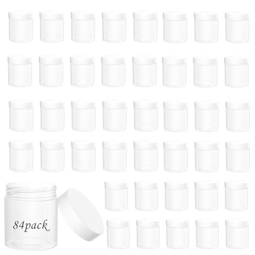 84PCS 4oz/125ml Plastic Jars with Screw On White Lids Seal Stickers Bottle Lid?Clear Container for Storing Dry Food,Herbs, Cosmetic, Slime, Bath Salts, Cream, Butter