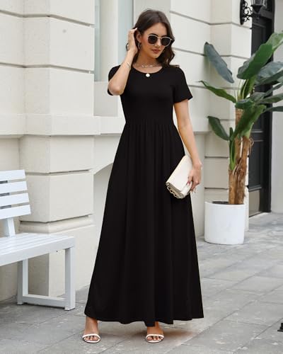 Image of COSSEN Women's Crew Neck Short Sleeve Maxi Dress with Pockets Casual Loose Swing for Wedding Guest Beach Vacation