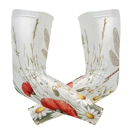 Kigai Dragonfly Flowers UV Sun Protection Arm Sleeves for Men Women Cooling Compression Sports Arm Sleeves Tattoo Cover Up