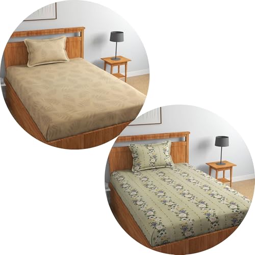Image of Glace Cotton 220 tc Flat Single Bedsheets Combo Pack of 2 Bed Sheet for Breathable | Wrinklefree Super Soft (Size-60 X 90 Inch) with 2 Pillow Covers (Size-17 X 27 Inches) - Cream&LightGreen