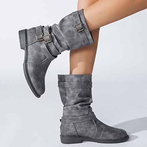Women's Mid Calf Boots Chunky Low Heels Buckle Strap Fashion Boots Comfortable Pull On Motorcycle Riding Winter Boots (Gray,7.5) #TOP1