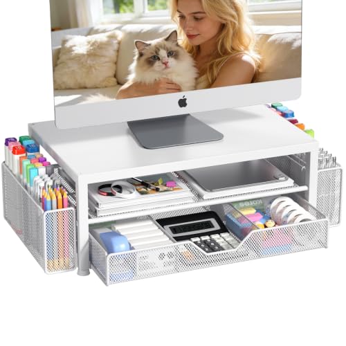 Image of OPNICE Desk Organizers and Accessories, Computer Monitor Stand Riser with Drawer and 2 Pen Holders, Printer & Laptop Stand, Office Desk Accessories & Workspace Organizers for Home Office Supplies, Metal White