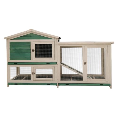 Kirnuo 小動物用ケージ、鶏小屋、木製ウサギ小屋、大型飼育鶏舎、家禽ケージ 、ペットハウス、ウサギ、アヒル、ハト、犬、猫、リス、ハムスターに適しています (グリーン)