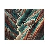 Mountain Goat Climbing Cliffs Streaked with Turquoise and Sienna Jigsaw Puzzle Made in USA