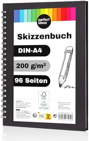 perfect ideaz - Skizzenbuch DIN-A4, Spiralbindung, FSC® zertifiziert, 96 Seite (48 Blatt), Hardcover Schwarz, Sketchbook, 200 g/m² dickes Papier, säurefrei