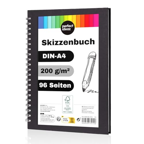 perfect ideaz libro per schizzi DIN-A4 da 96 pagine (48 fogli), blocchetto da disegno professionale, hard cover in nero, con spirale ad anelli & carta in bianco, 200 g, libro nero vuoto per disegnare