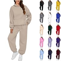 Tracksuit Womens Set Tracksuit Womens Full Set Outfit Solid Color Co Ord Sets Drawstring Long Sleeve Hoodies with Pockets and Elastic Waist Wide Joggers and Hoodie Women